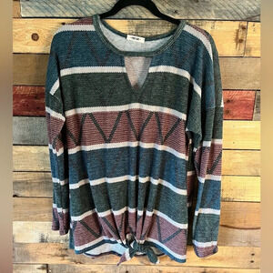 First Love Maroon And Teal Aztec Print Long Sleeve Top Size Large